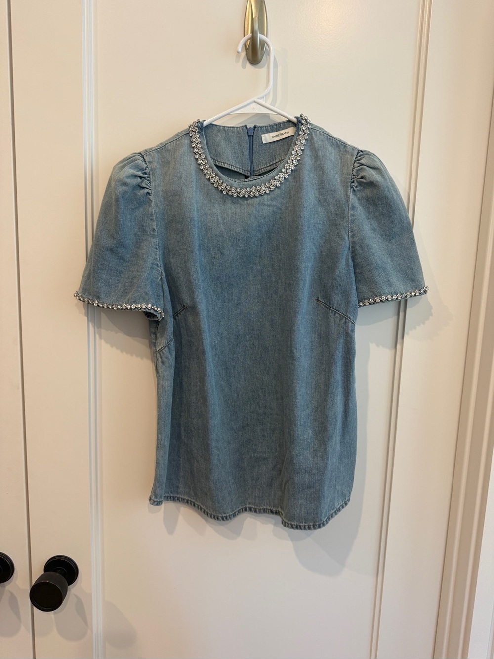Zimmermann Light Blue Denim Top with Crystal Trim